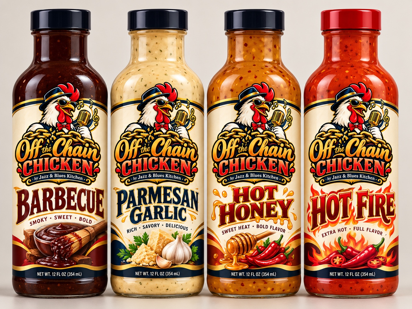 Four Off the Chain Chicken signature sauce bottles