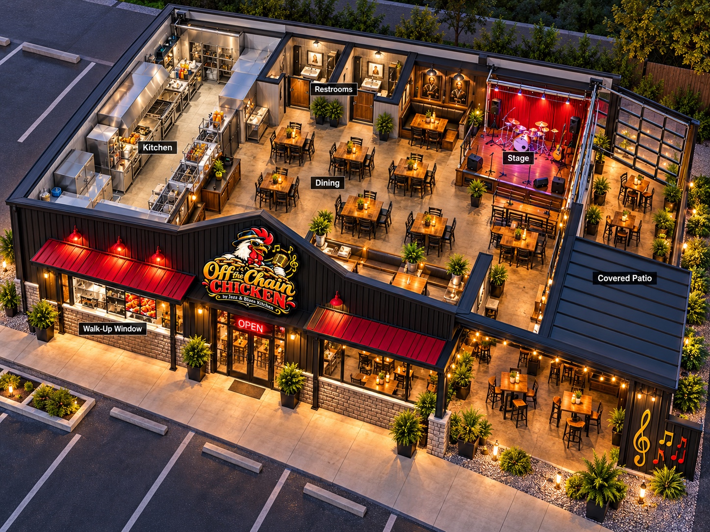 Off the Chain Chicken interior and patio concept